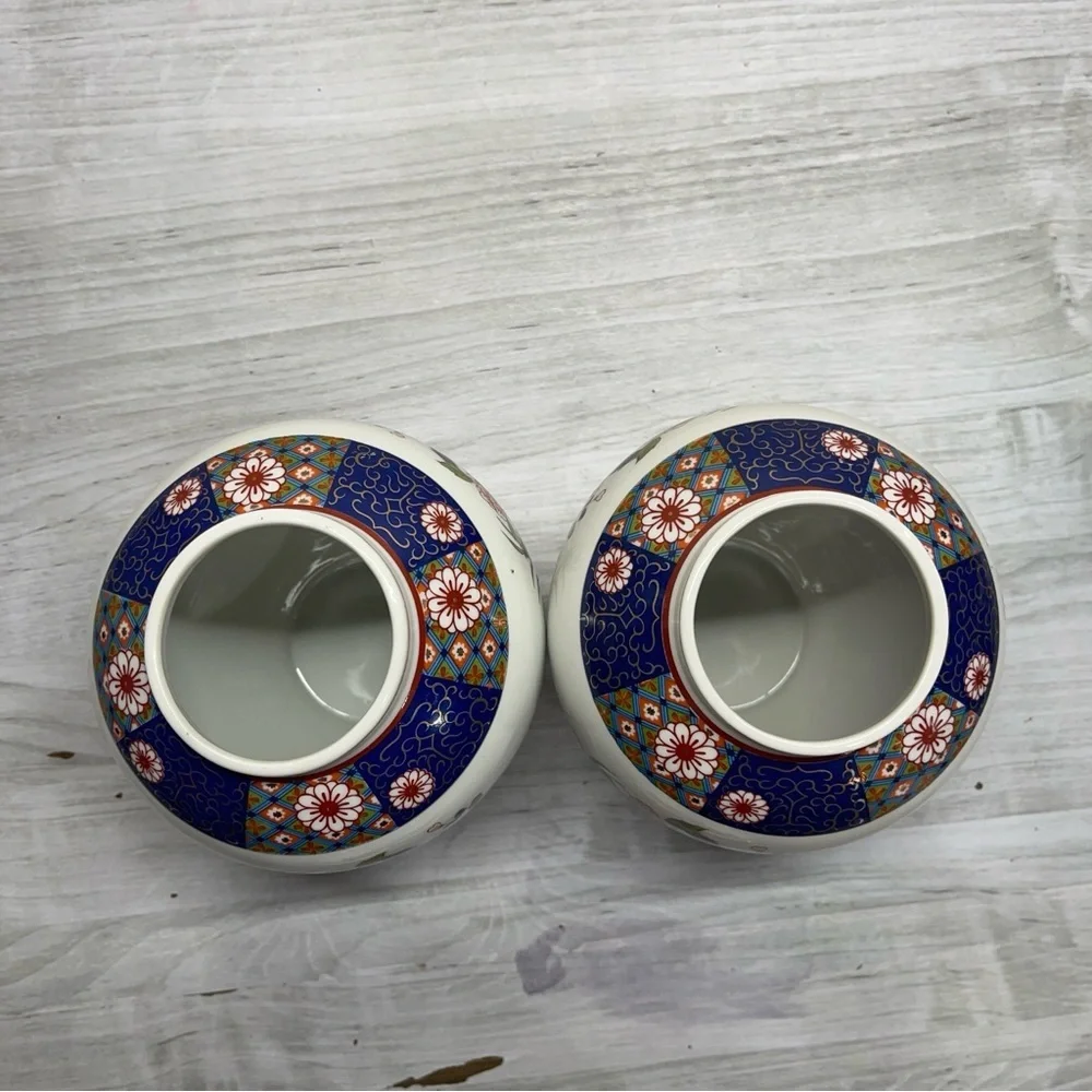 Old Imari Japan Porcelain Vintage Ginger Jar Set of 2 Blue Gold Floral Design